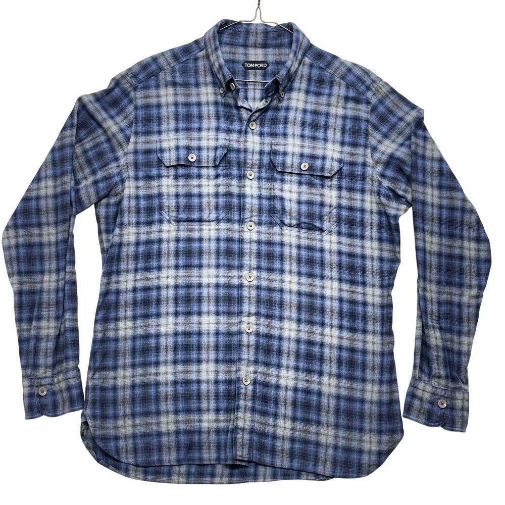 Tom Ford Shirt Flannel Large Shadow Plaid Blue/Gray Button Down Designer